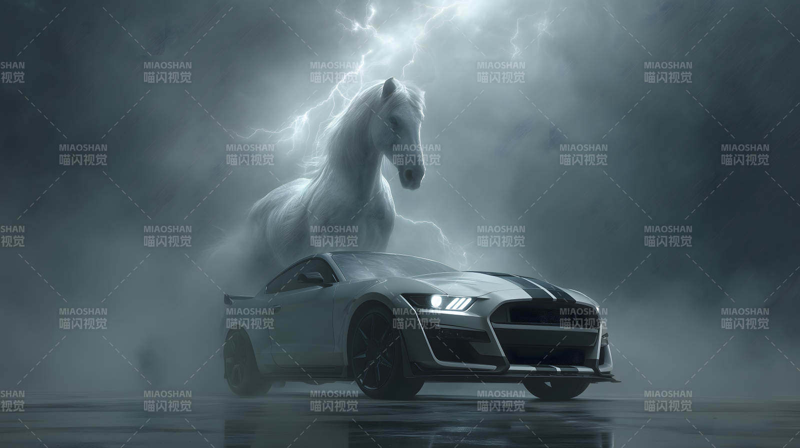 赛车与白马雷电交加图片