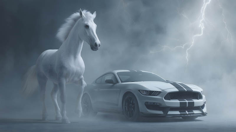 白马与野马驰骋于雷电之下图片