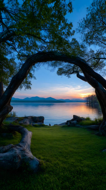 湖光山色傍晚景色树木环绕唯美风景图片