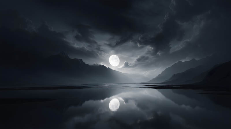 夜空下的山水景色与明月倒影图片