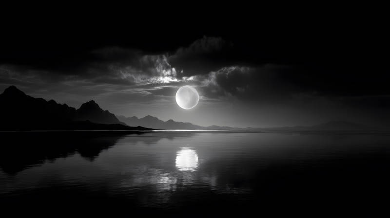 夜空皓月倒影平静湖面图片