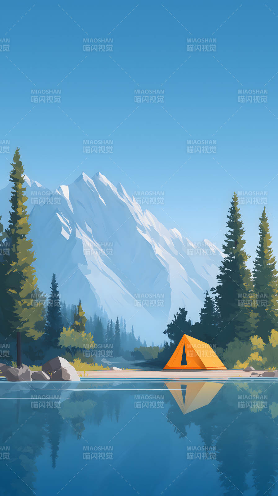 湖边风景露营橘色帐篷与雪山图片