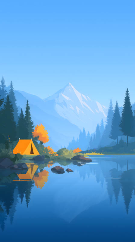 湖泊露营山峰风景如画氛围感十足图片