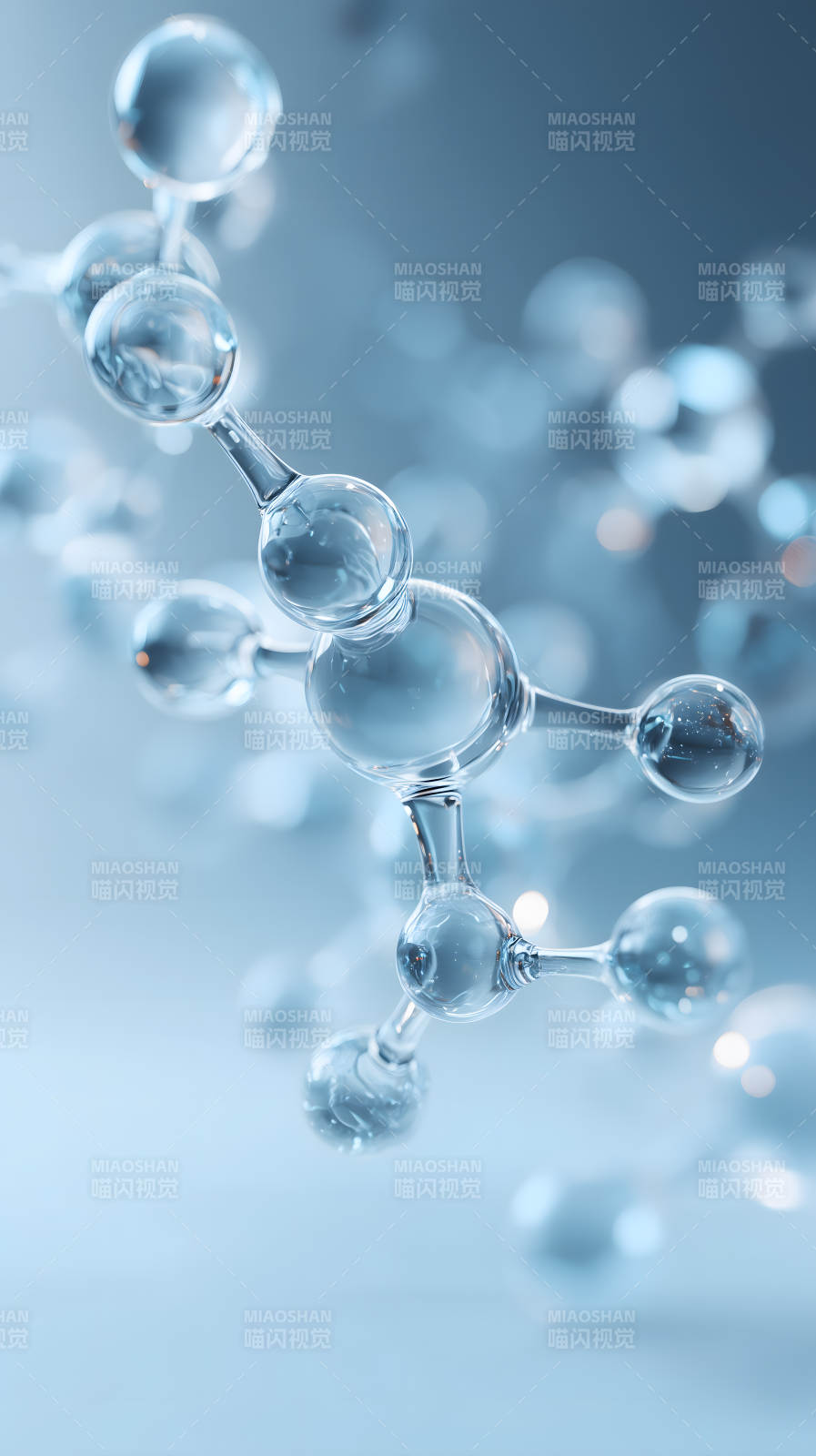 分子结构模型特写晶莹剔透的蓝色光影图片