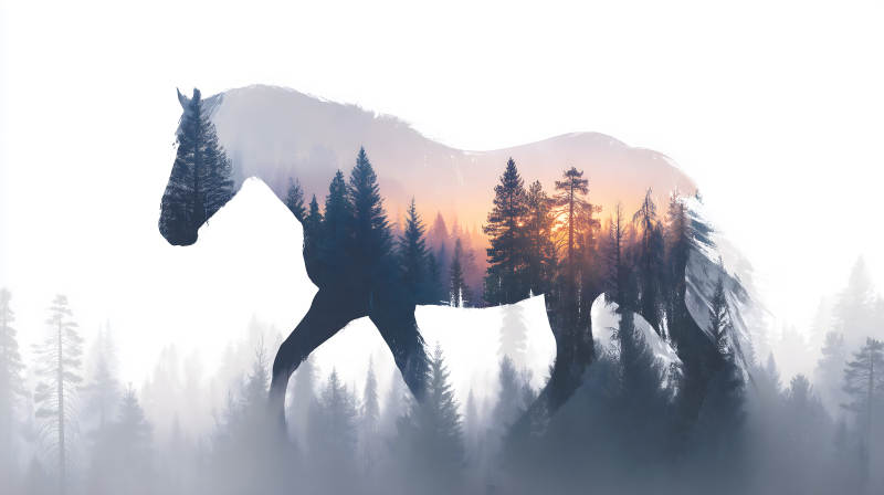 马与森林剪影交织的唯美意境图片