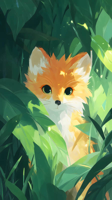 小狐狸躲在树叶里眼神清澈图片