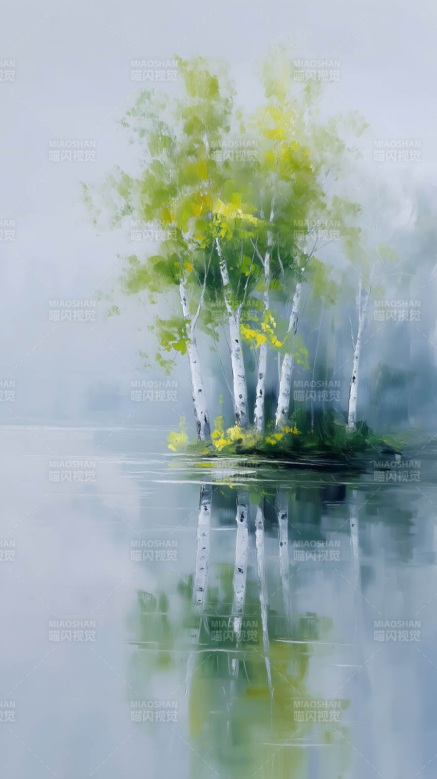 湖畔白桦林倒影油画风景图片