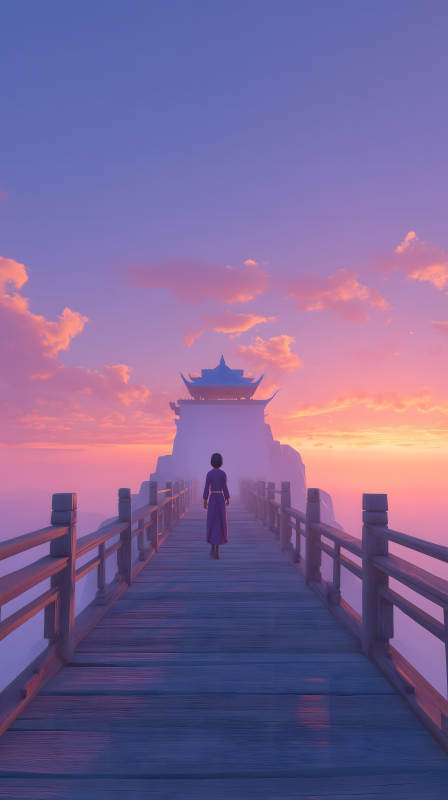 桥上行人走向阁楼天空绚丽的景象图片