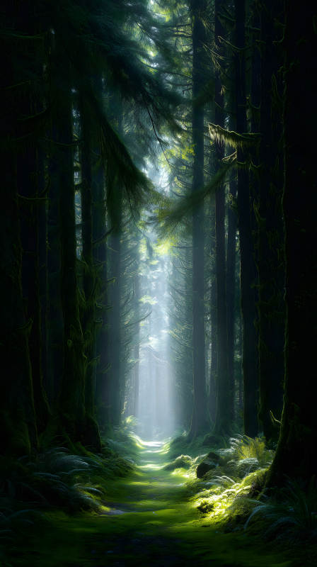 幽深森林光线穿透树林路径图片