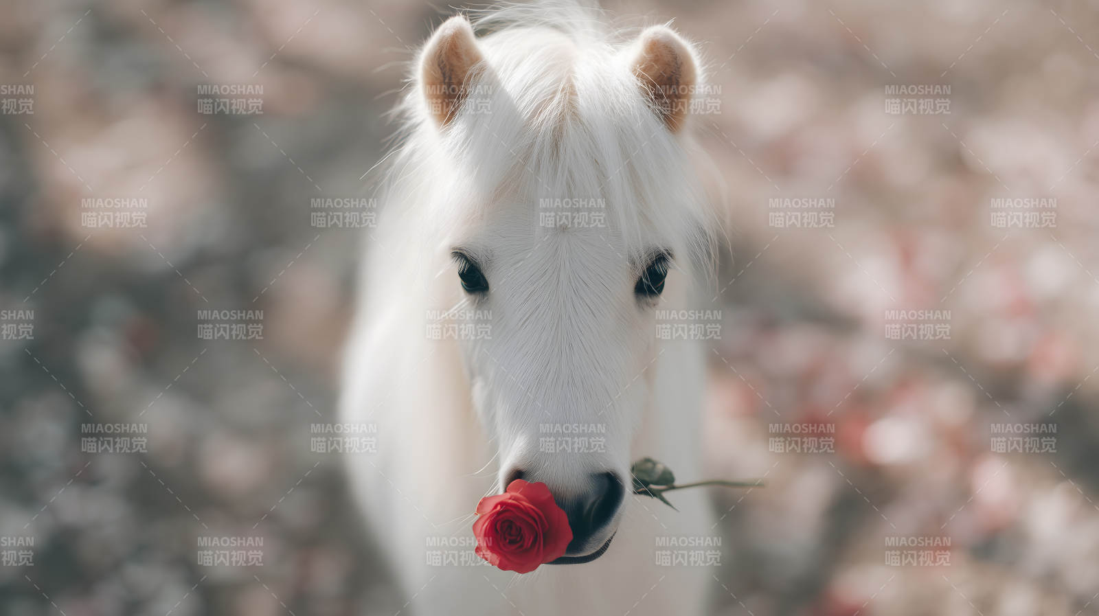 白马衔玫瑰花温柔可爱图片