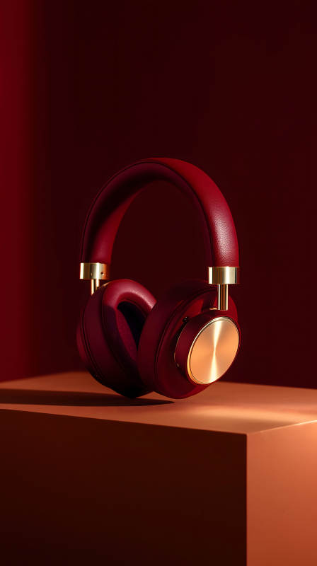红色耳机金色点缀置于红棕色背景图片