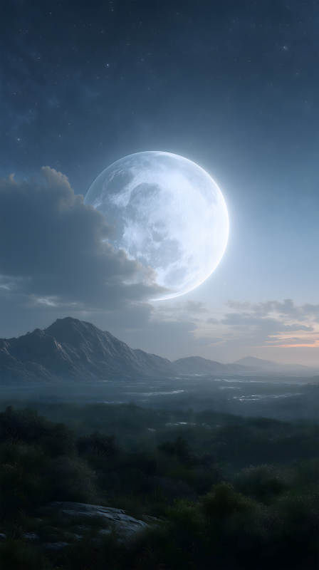 夜晚的山脉与巨型月亮图片