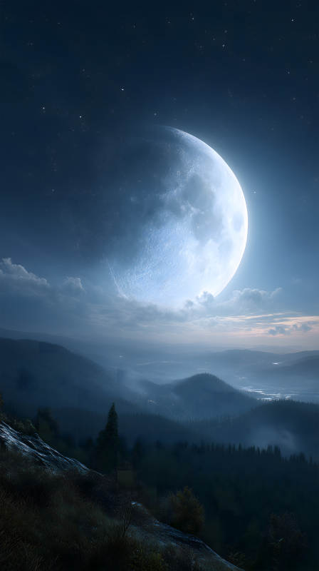 夜空下的月亮与山脉的壮丽景象图片