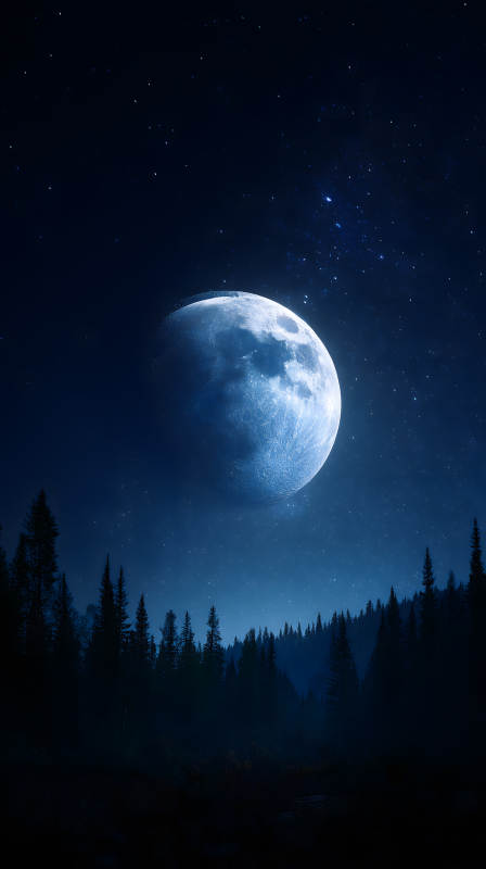 夜空下的森林与明月星光图片