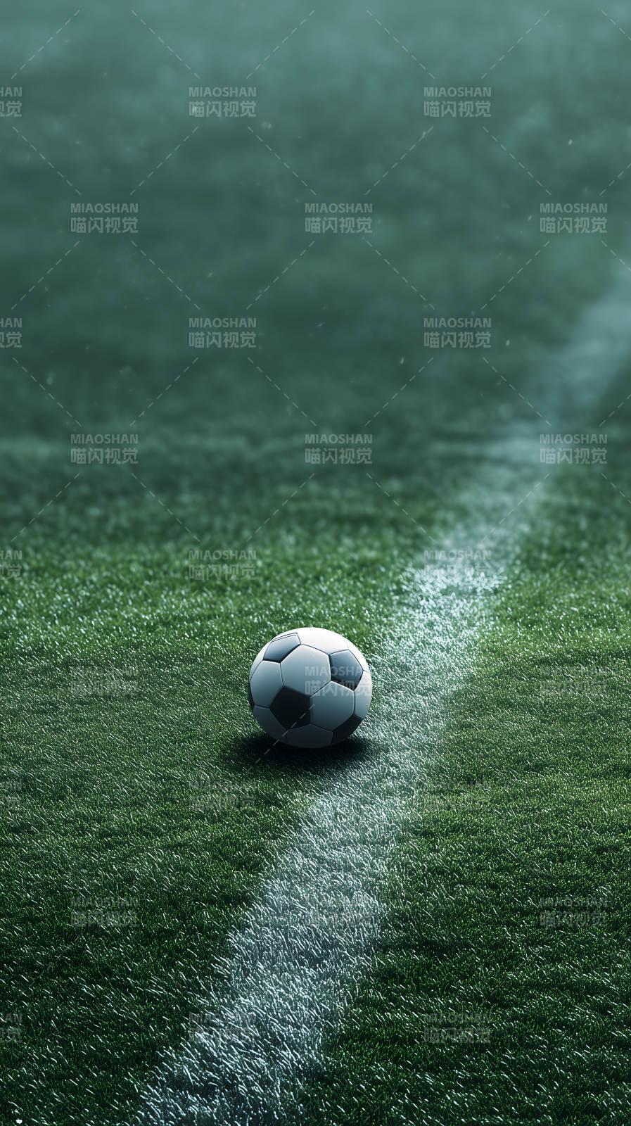足球场上的足球在雨中图片