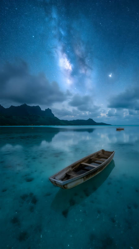 星空下的海面小舟夜景梦幻而宁静图片