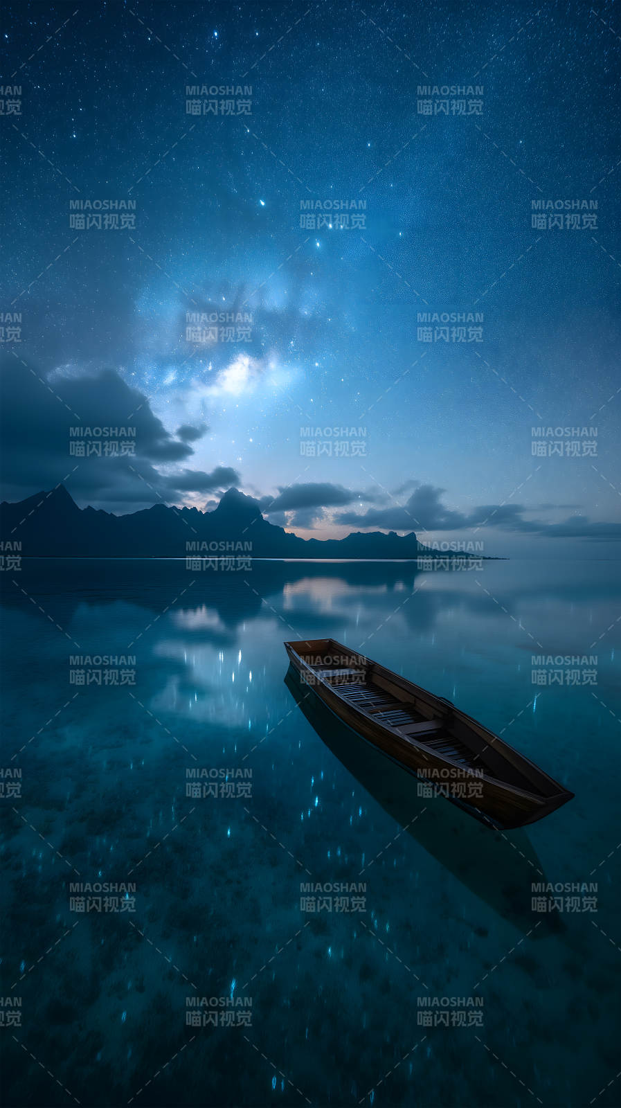 星空下的静谧湖泊与孤舟图片