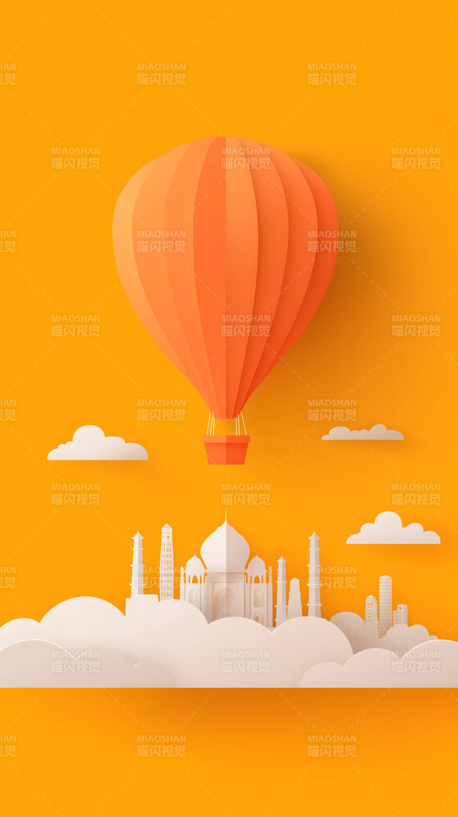 热气球城市剪影橙色背景图片