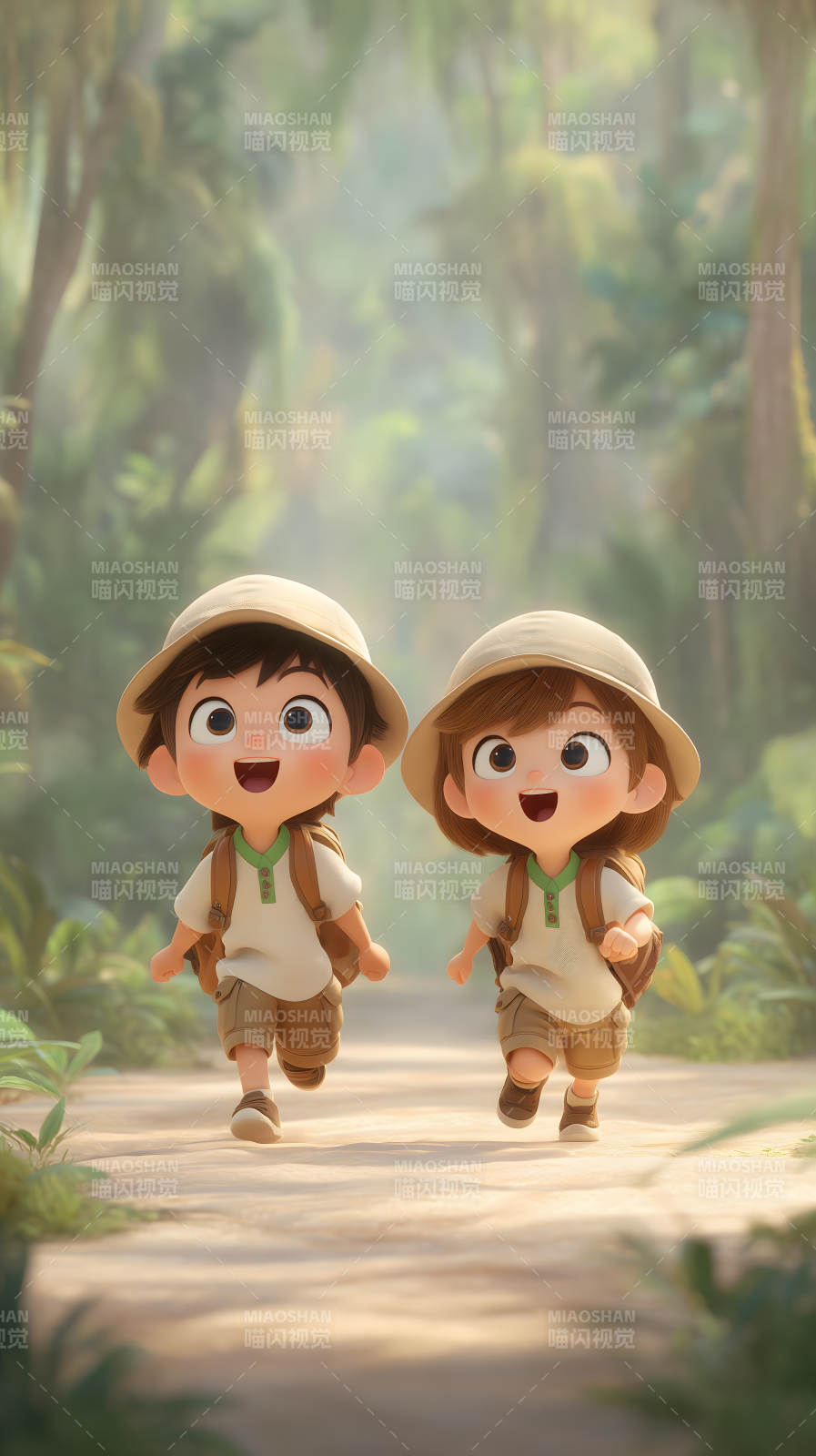 卡通探险家在丛林中奔跑图片