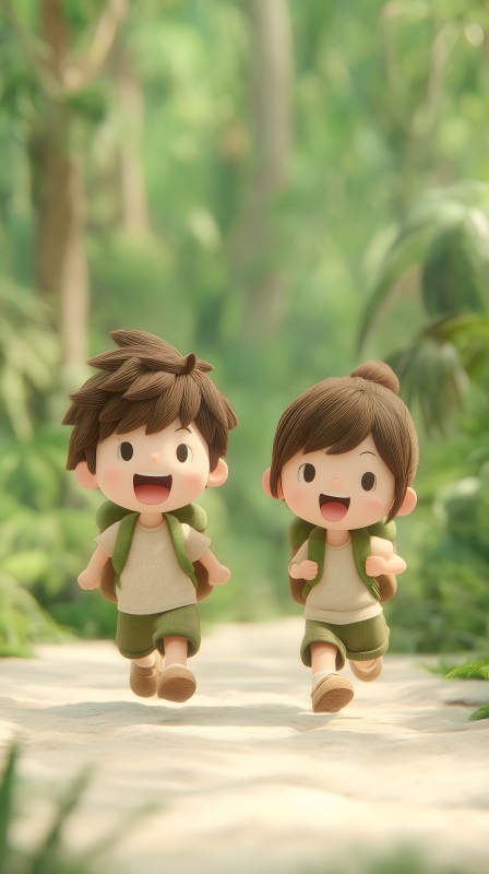 卡通人物丛林探险满脸笑容开心的奔跑着图片