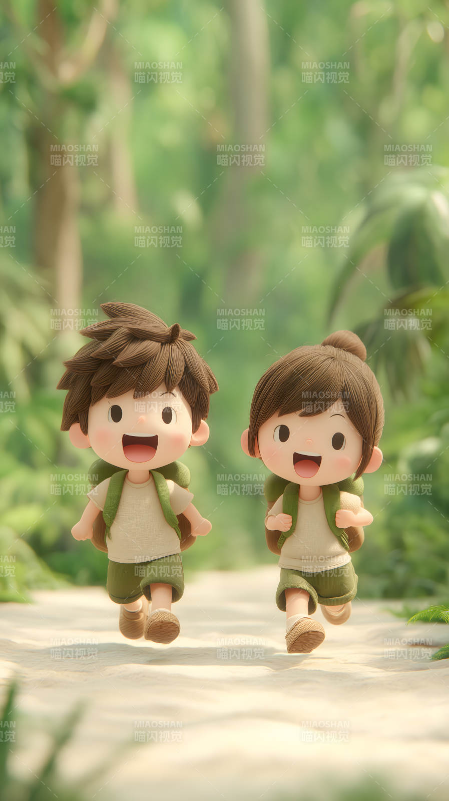 卡通人物丛林探险满脸笑容开心的奔跑着图片