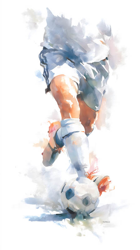 足球运动员踢球的瞬间水彩画风格图片