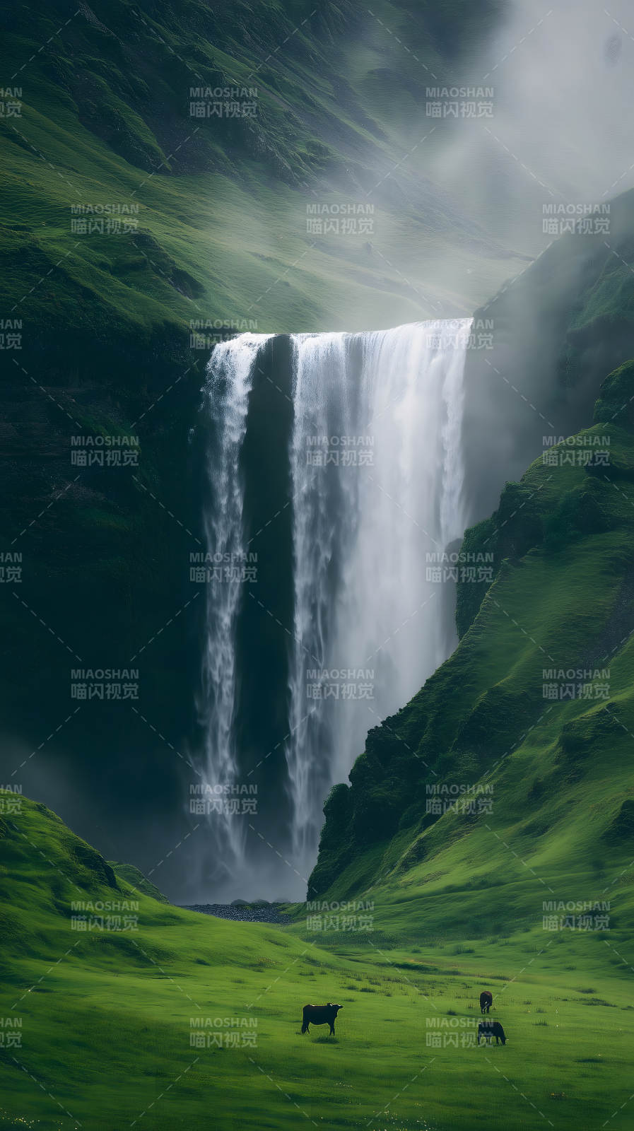 壮丽瀑布下的翠绿山谷和牛群图片