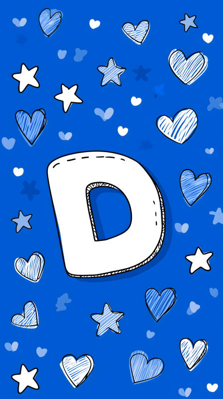 蓝色背景下装饰有爱心和星星的字母D图片