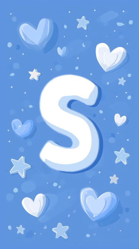 蓝色背景下心形与星星围绕的字母S图片