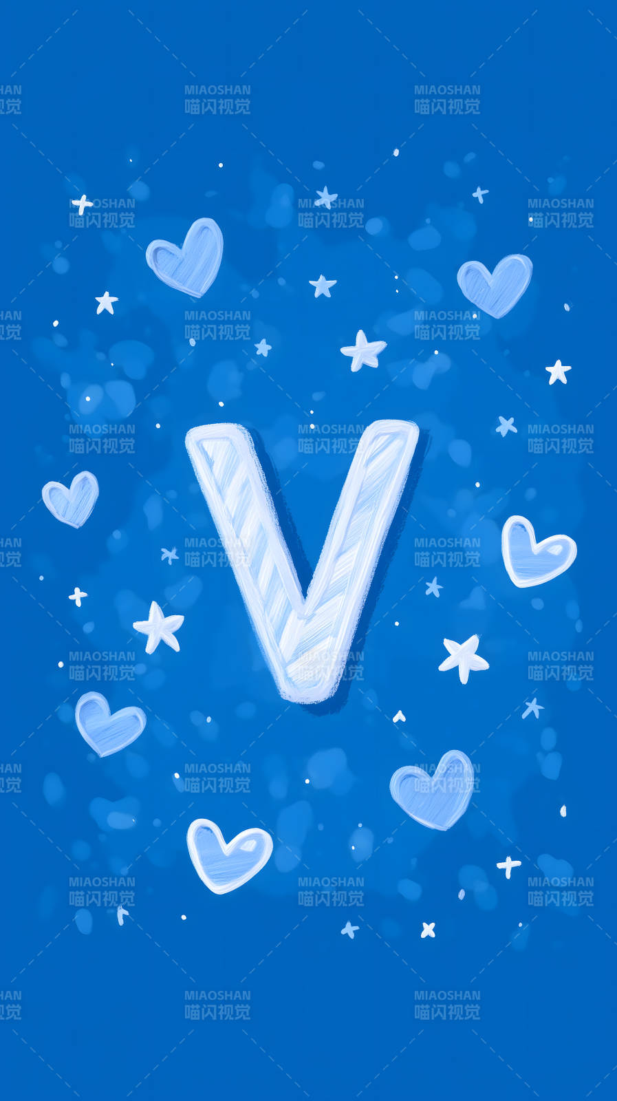 蓝色背景上的字母V和爱心图片