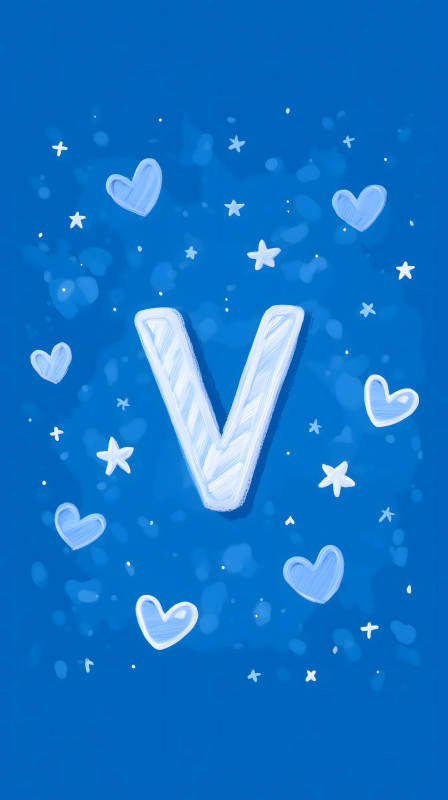 蓝色背景上的字母V和爱心图片