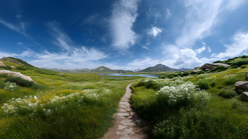 通往山峦湖泊的蜿蜒小路图片