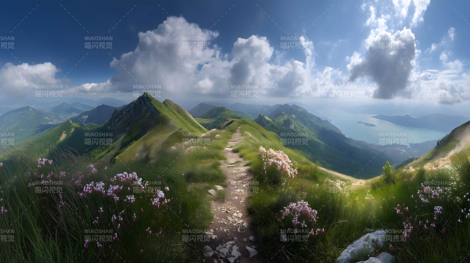 山顶蜿蜒小路与湖光山色图片