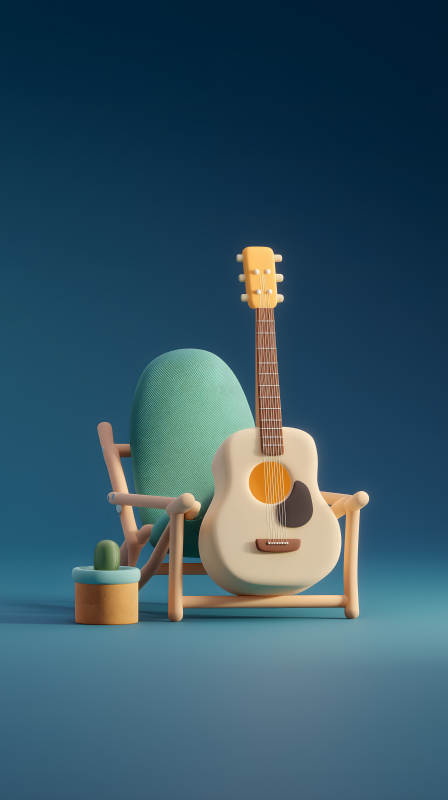 一把吉他静静地靠着躺椅图片