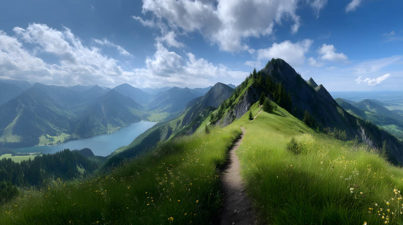 山顶小径与远山湖泊图片