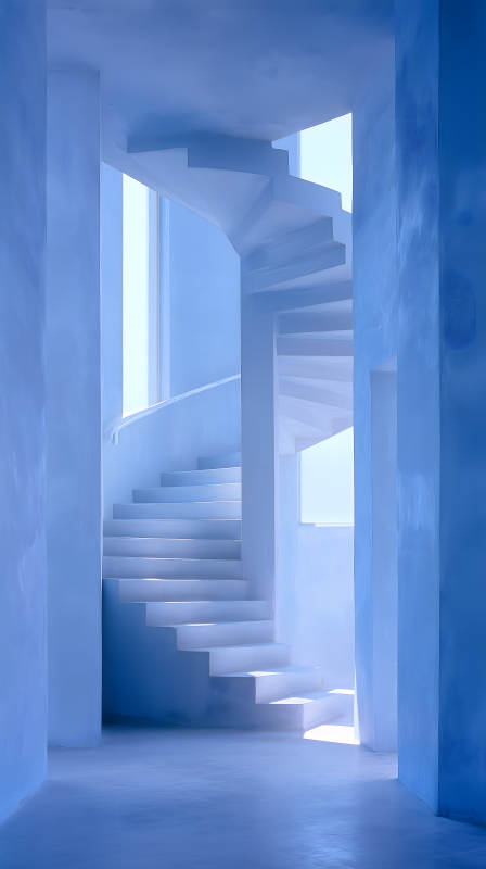 蓝色建筑里的螺旋楼梯图片