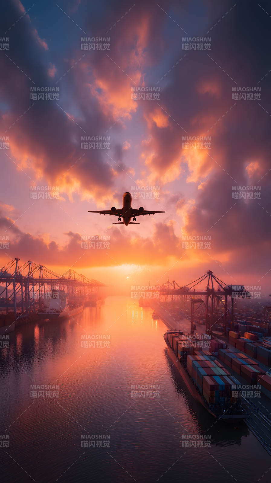日落港口飞机飞过图片