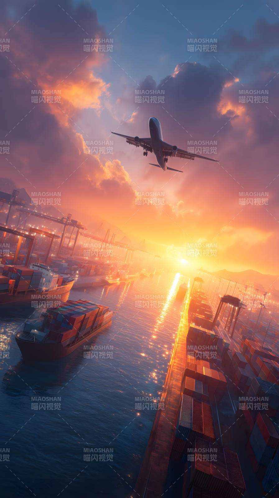 日落港口飞机掠过图片