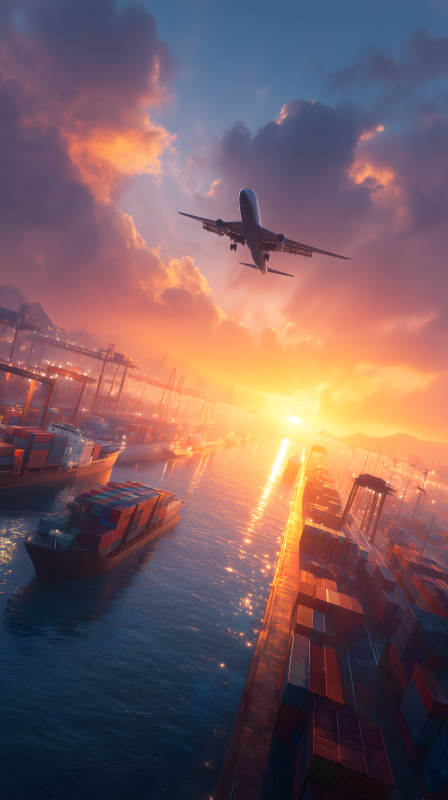 日落港口飞机掠过图片