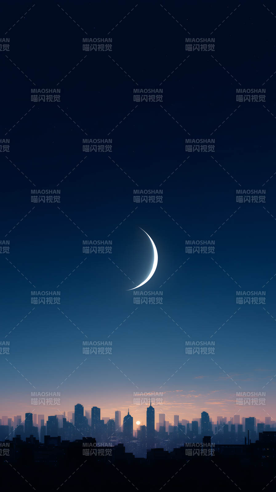 月牙下的城市剪影图片