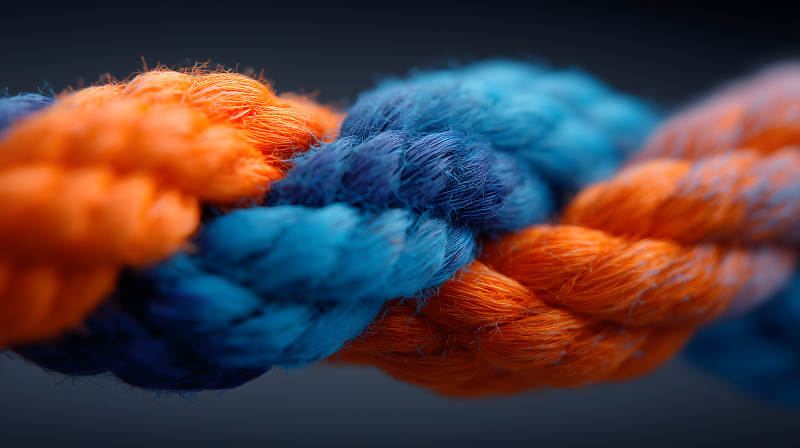 蓝色和橙色绳索的缠绕图片