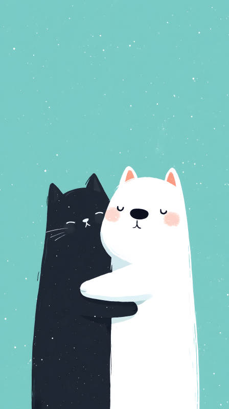 黑白猫咪相互拥抱图片