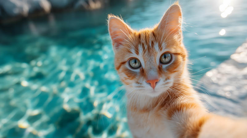 小橘猫的自拍泳池照图片