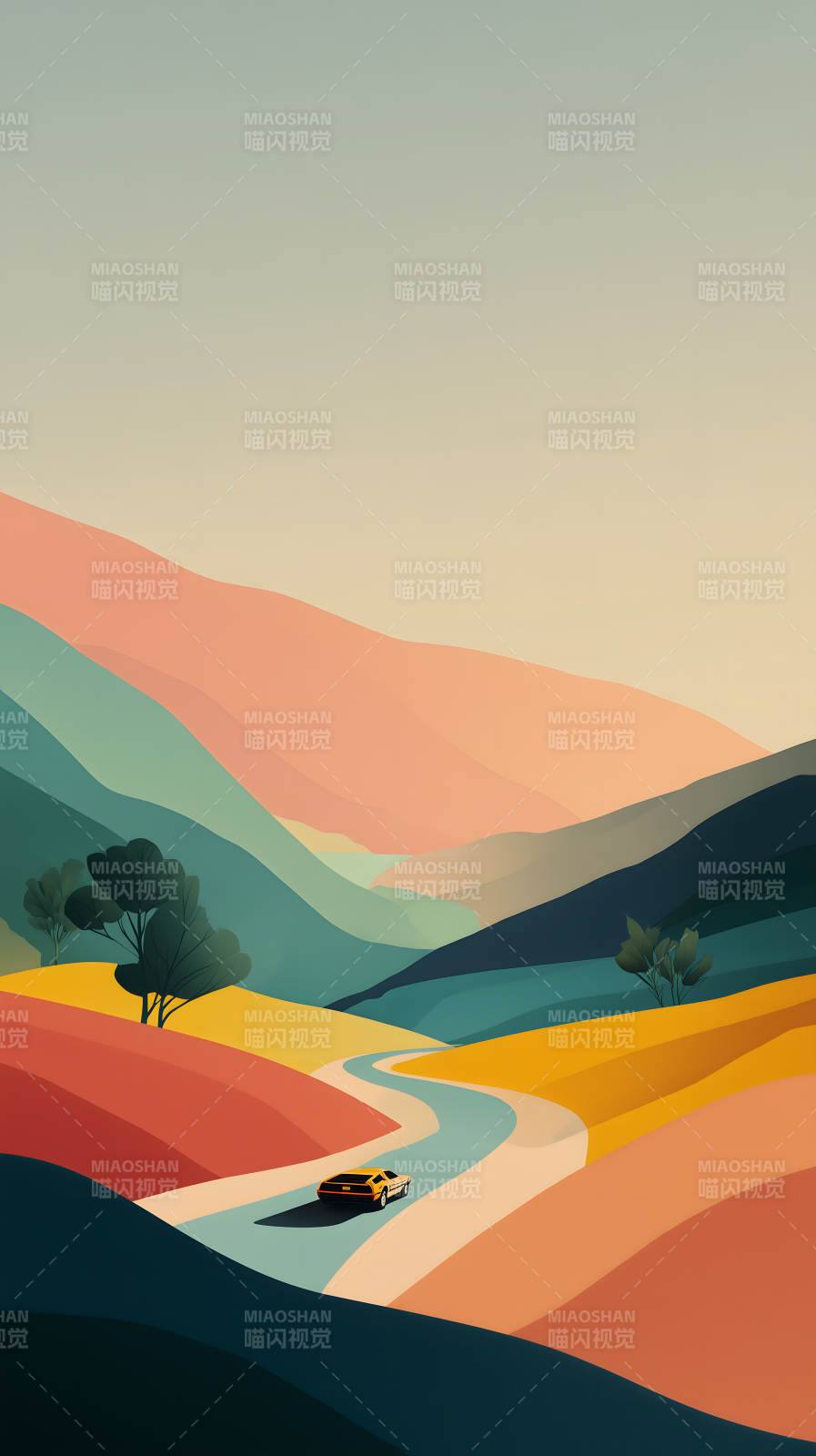 山峦蜿蜒公路上的复古跑车图片