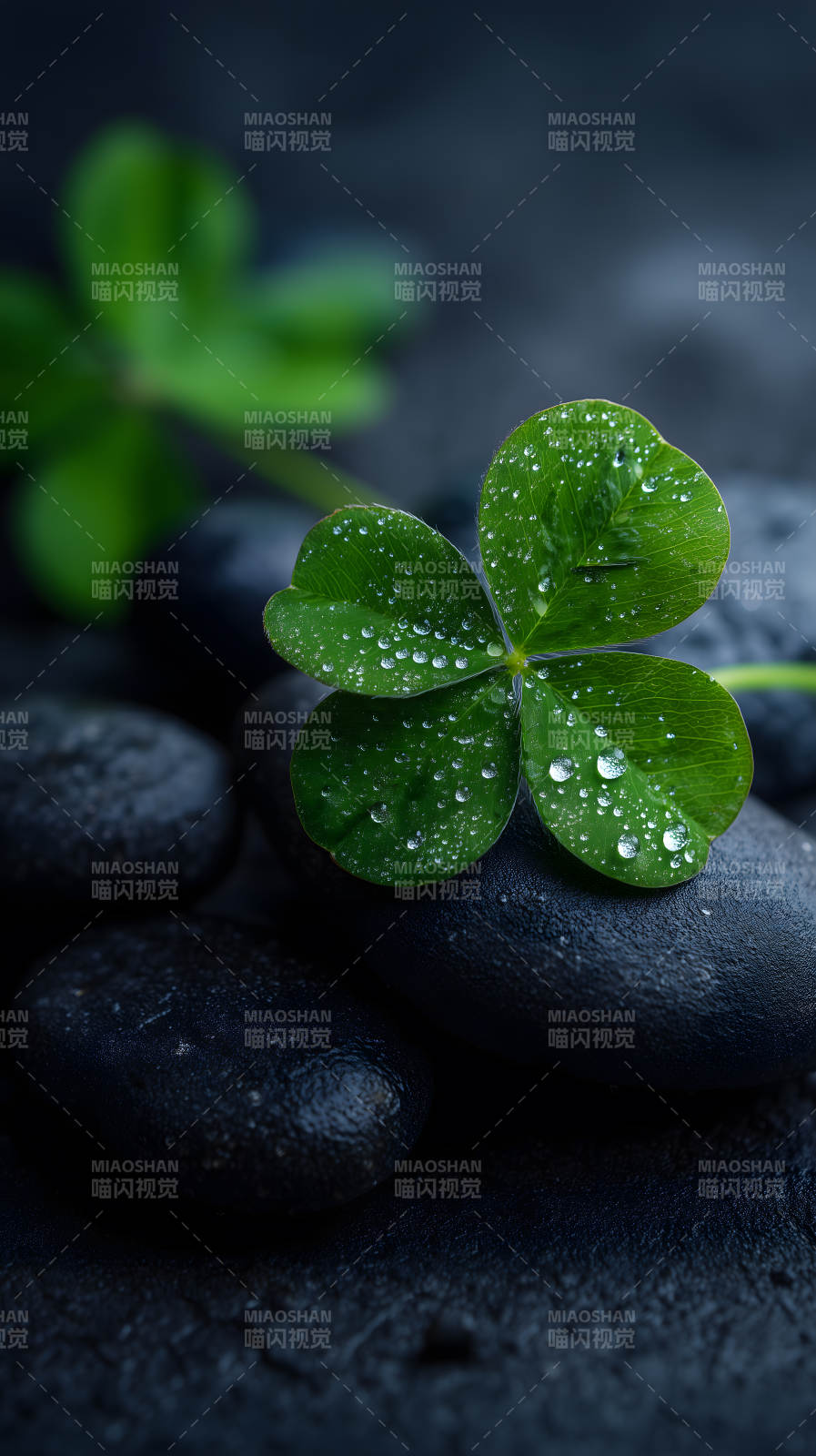 雨露滋润的三叶草与黑石图片