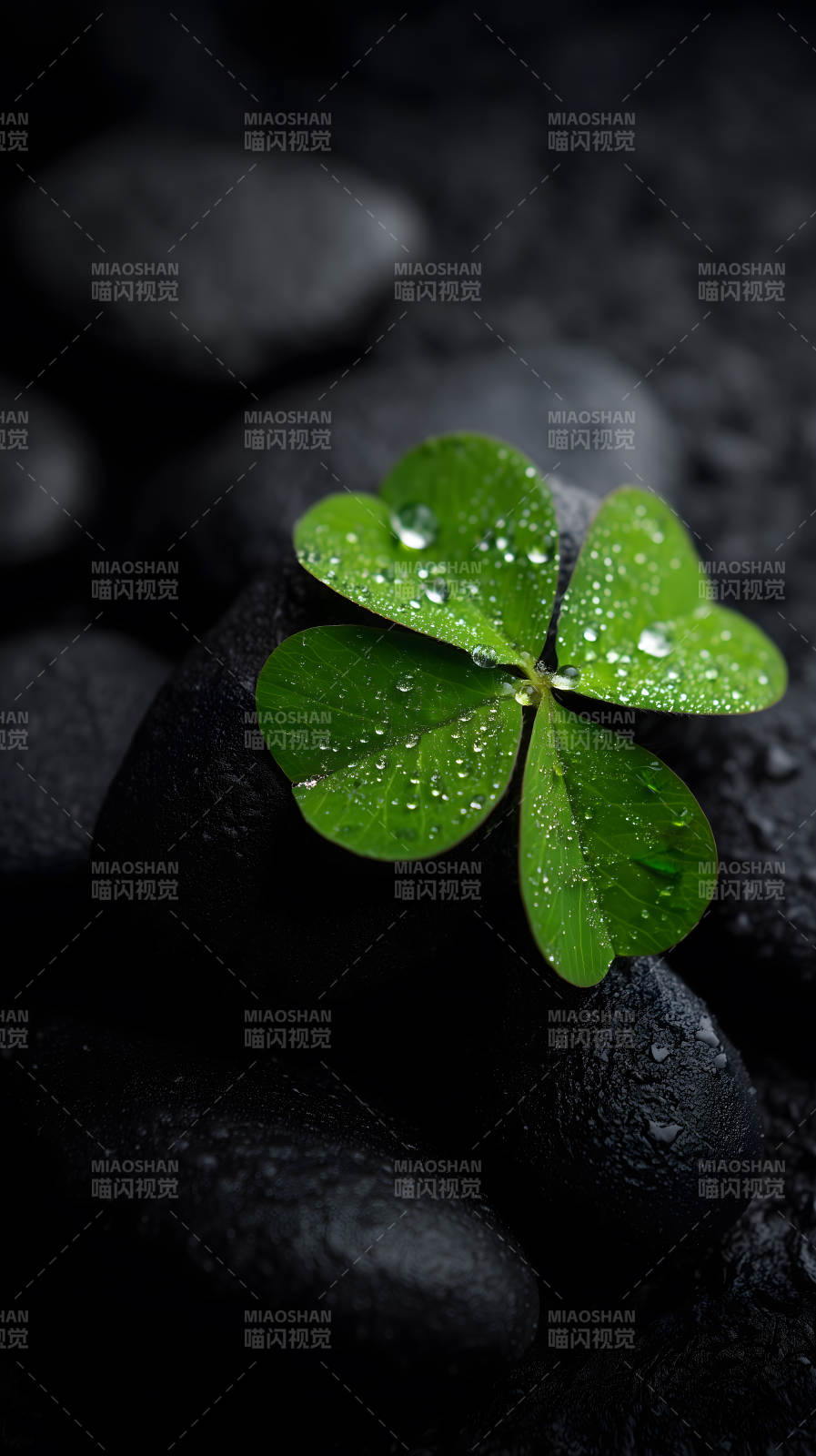 黑石上的幸运四叶草图片