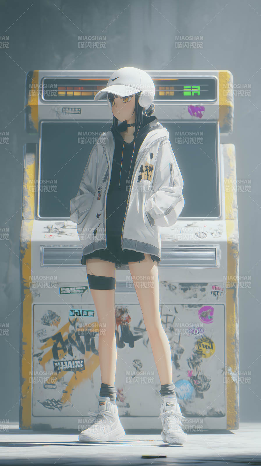 未来都市女孩与复古街机图片