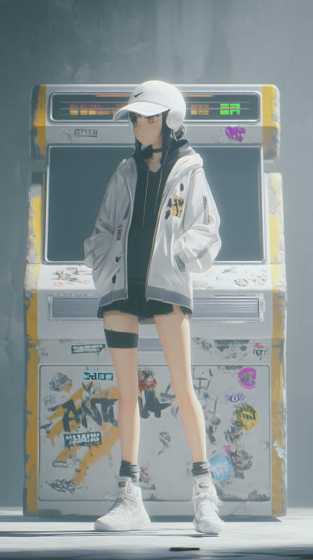 未来都市女孩与复古街机图片