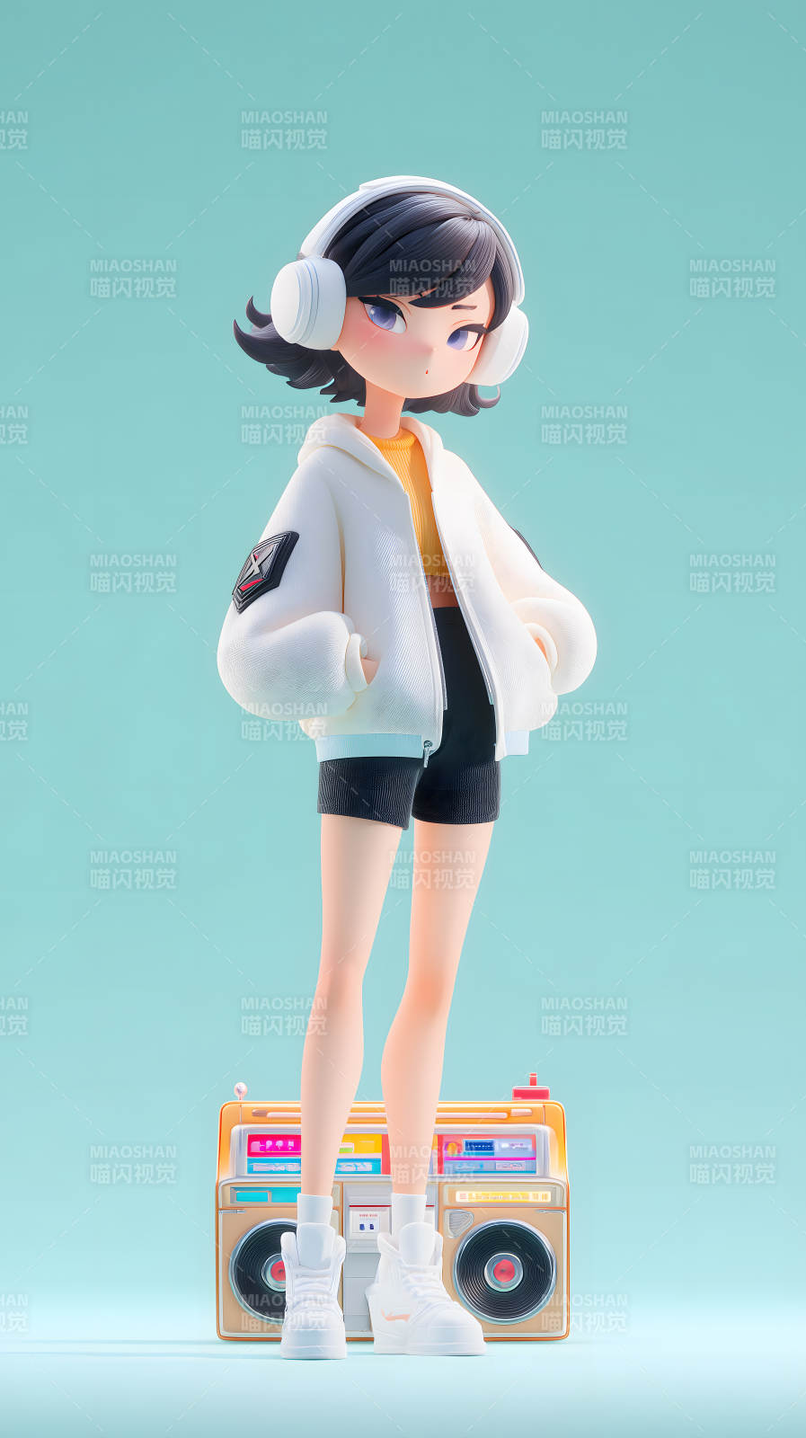 时尚酷女孩与复古音响图片