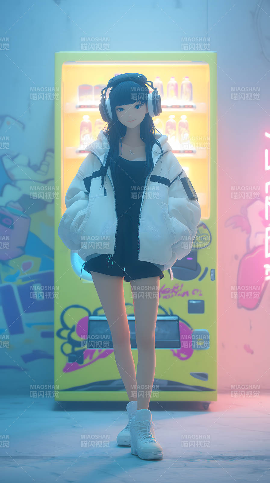 霓虹街头的耳机少女图片